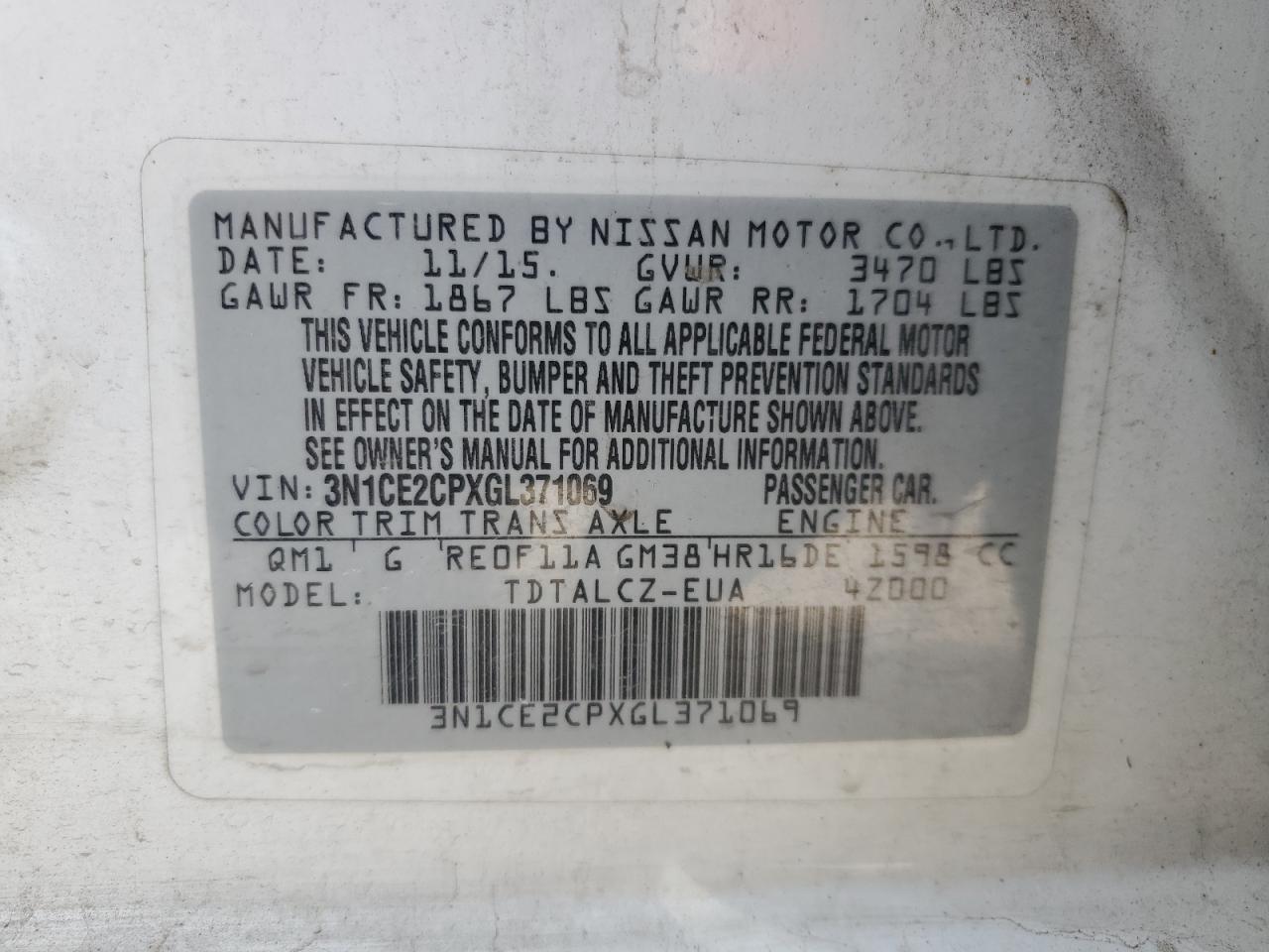 3N1CE2CPXGL371069 2016 Nissan Versa Note S