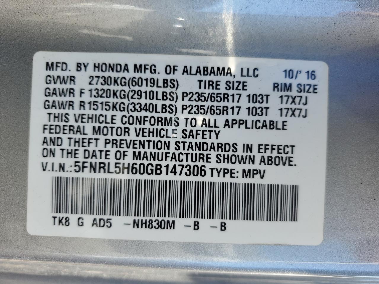 5FNRL5H60GB147306 2016 Honda Odyssey Exl