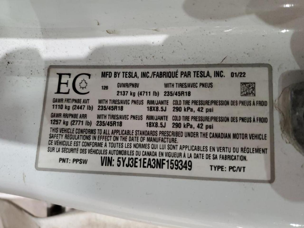 5YJ3E1EA3NF159349 2022 Tesla Model 3