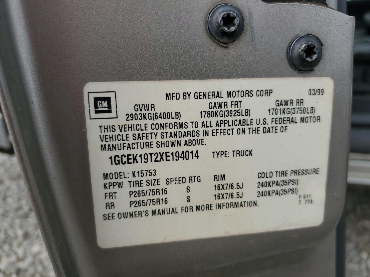 1GCEK19T2XE194014 1999 Chevrolet Silverado K1500