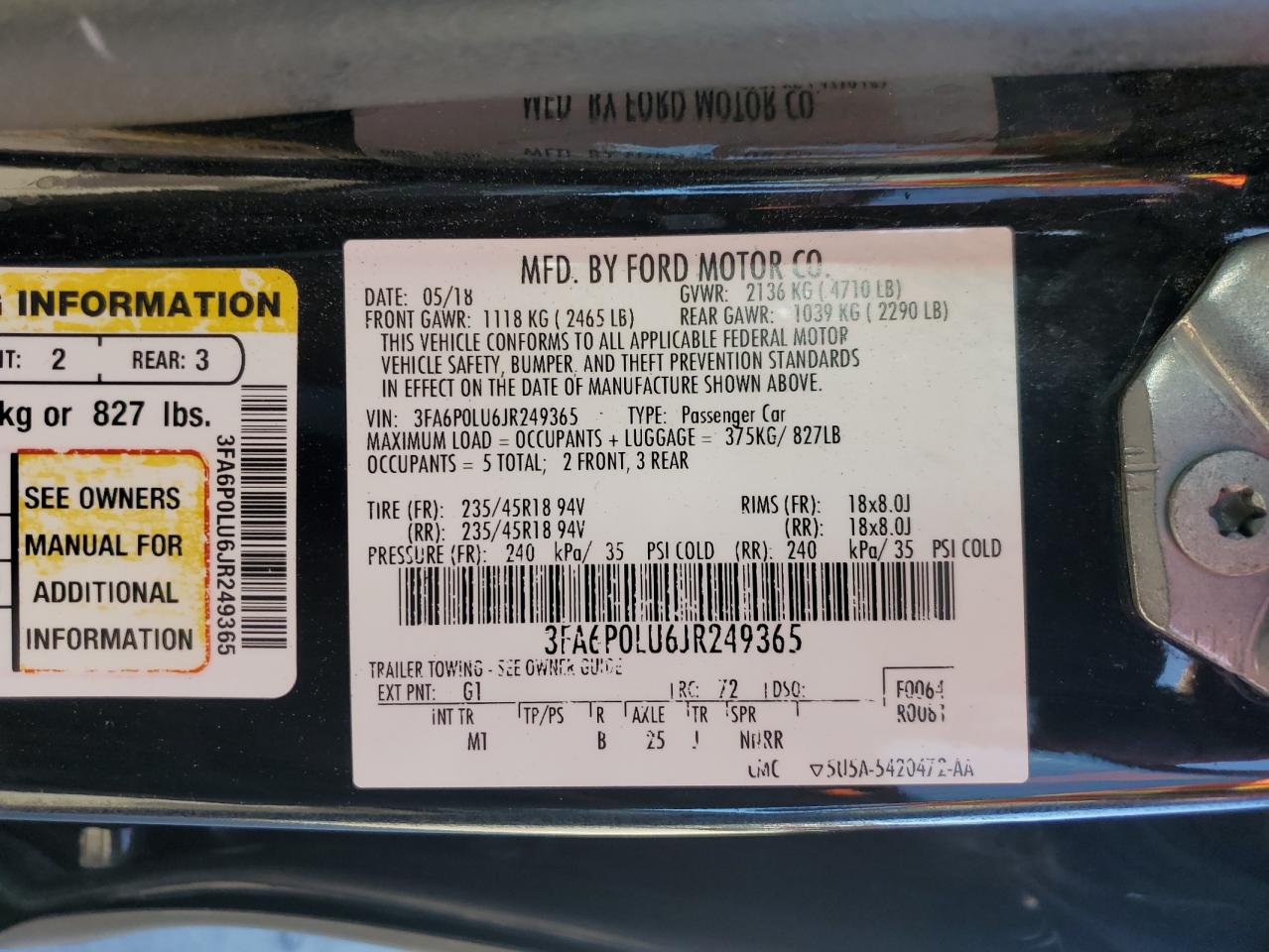 3FA6P0LU6JR249365 2018 Ford Fusion Se Hybrid