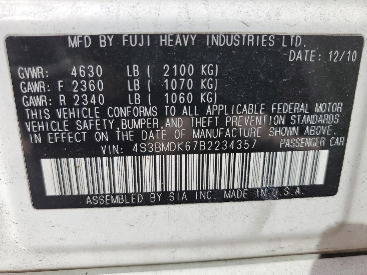 4S3BMDK67B2234357 2011 Subaru Legacy 3.6R Limited