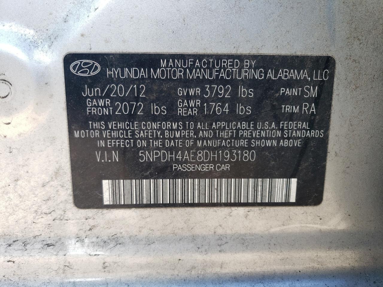 5NPDH4AE8DH193180 2013 Hyundai Elantra Gls