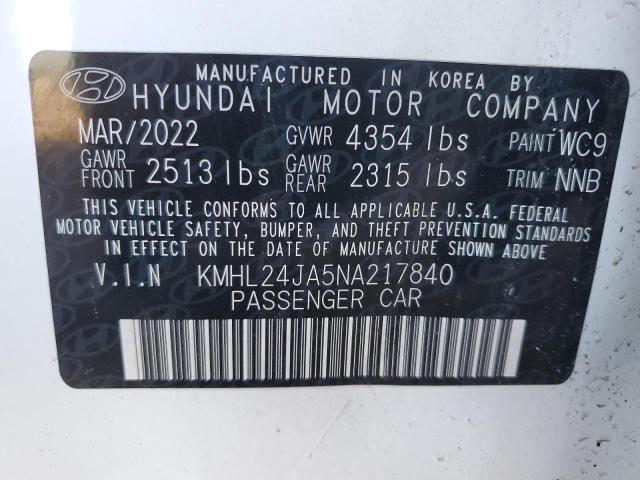 2022 Hyundai Sonata Se VIN: KMHL24JA5NA217840 Lot: 43904324