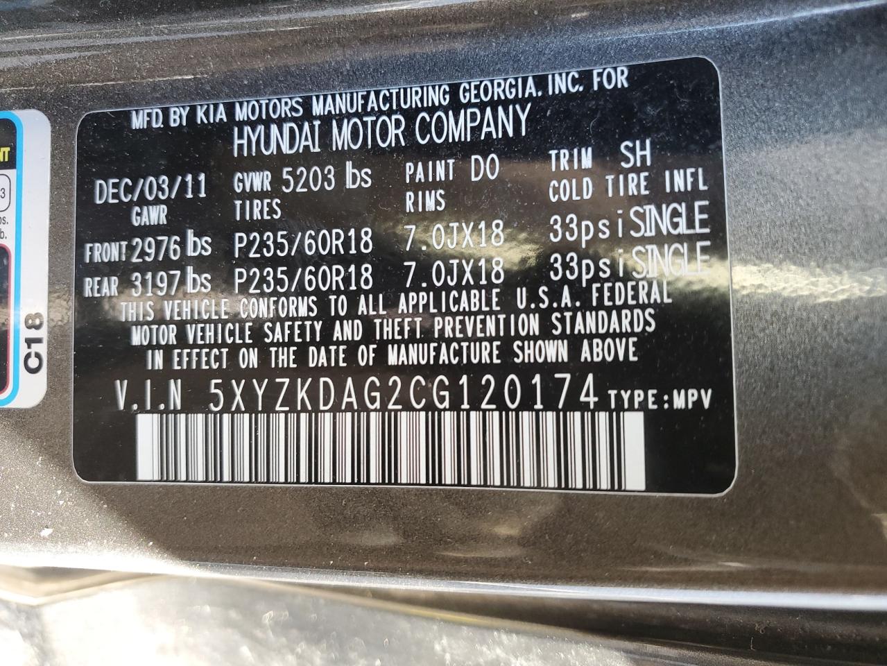 5XYZKDAG2CG120174 2012 Hyundai Santa Fe Limited