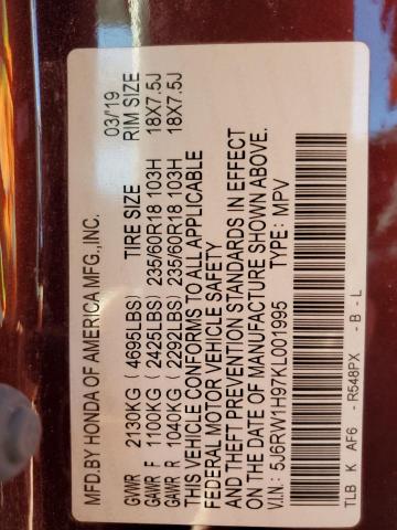 2019 Honda Cr-V Touring VIN: 5J6RW1H97KL001995 Lot: 43100564