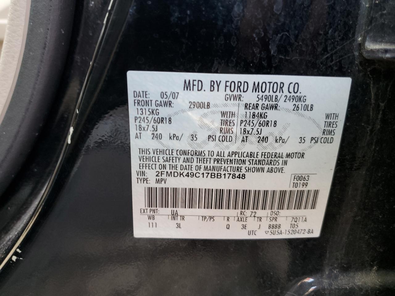 2FMDK49C17BB17848 2007 Ford Edge Sel Plus