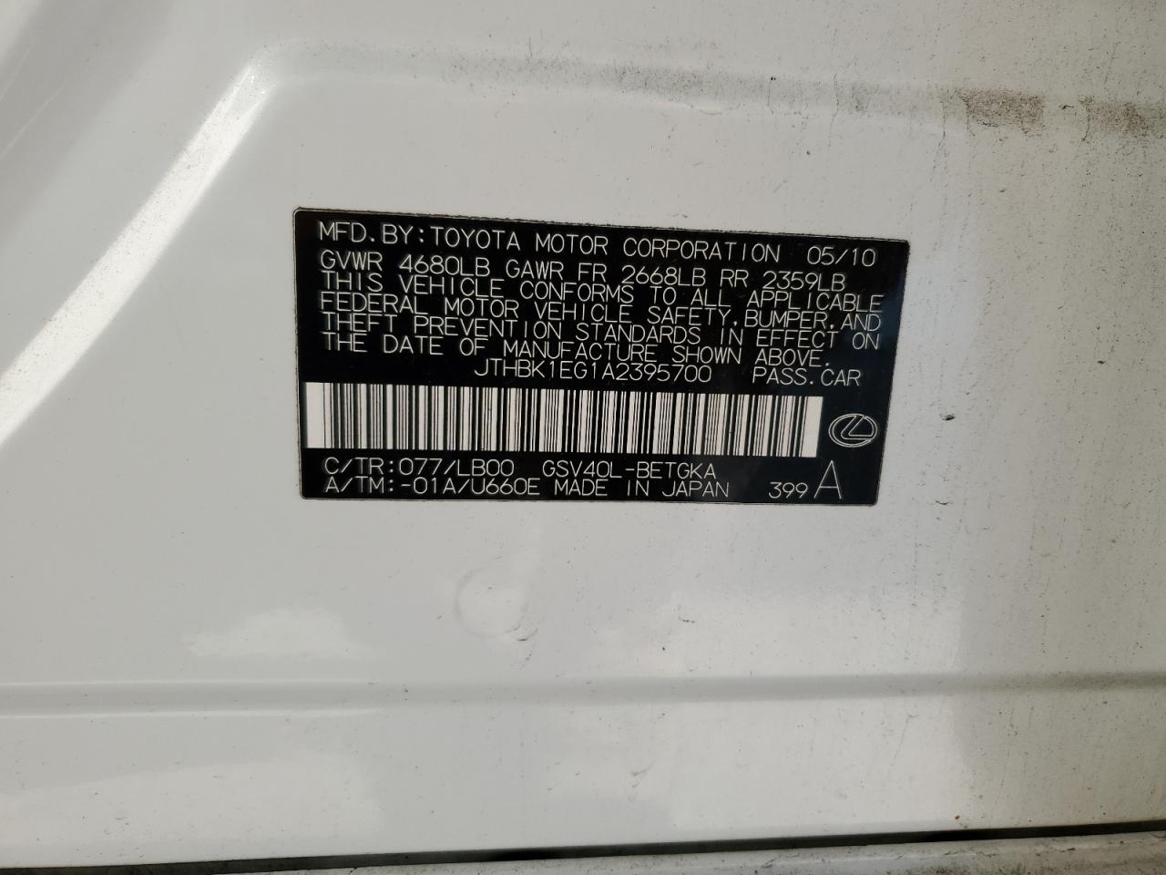 JTHBK1EG1A2395700 2010 Lexus Es 350