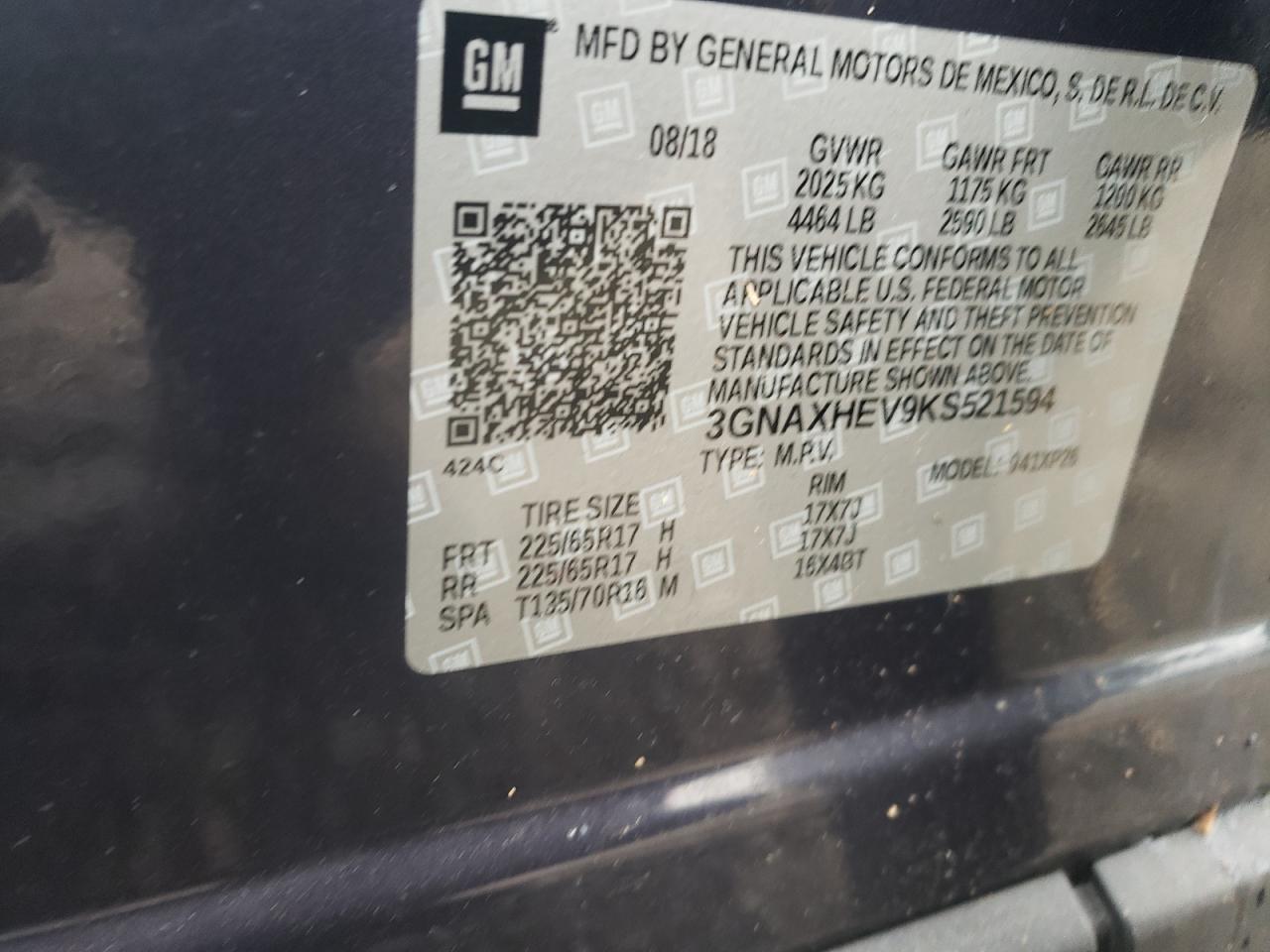 3GNAXHEV9KS521594 2019 Chevrolet Equinox Ls