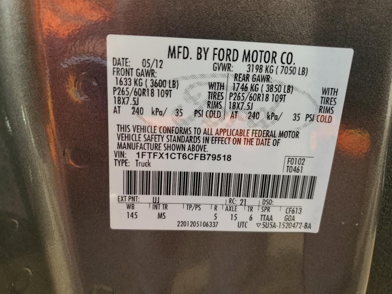 1FTFX1CT6CFB79518 2012 Ford F150 Super Cab