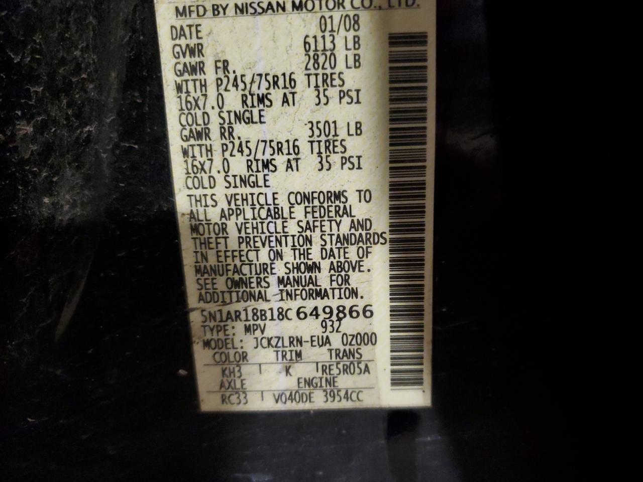 5N1AR18B18C649866 2008 Nissan Pathfinder S