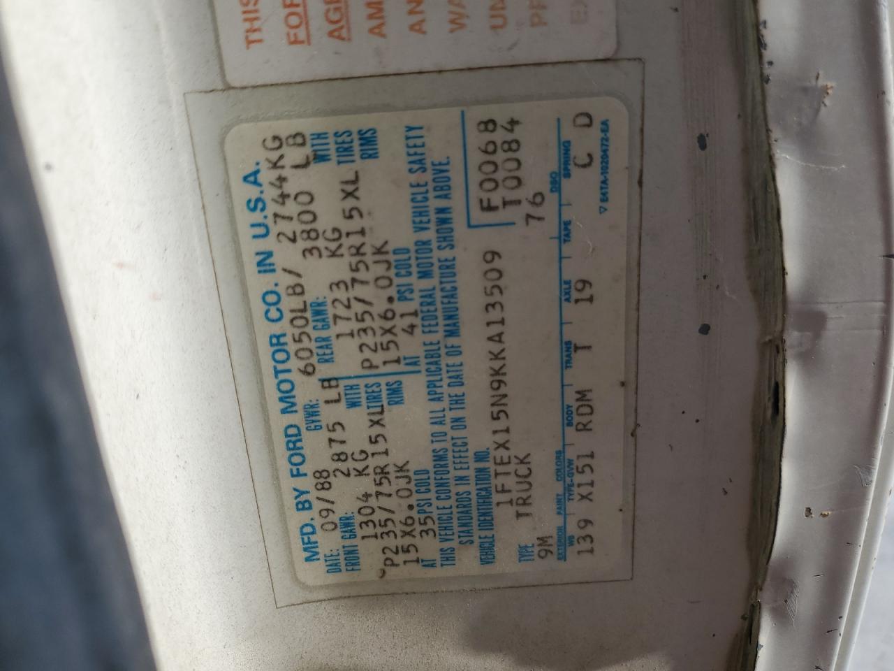 1ftex15n9kka13509 1FTEX15N9KKA13509 1989 Ford F150