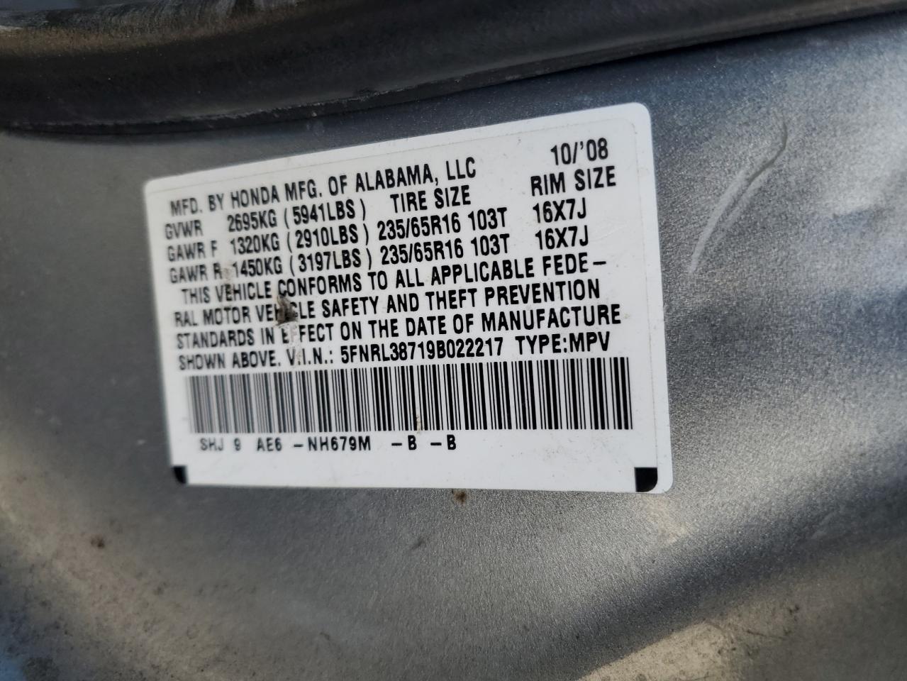 5FNRL38719B022217 2009 Honda Odyssey Exl