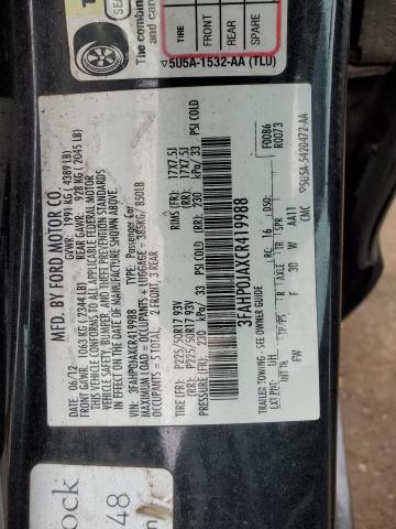 2012 Ford Fusion Sel VIN: 3FAHP0JAXCR419988 Lot: 41576244