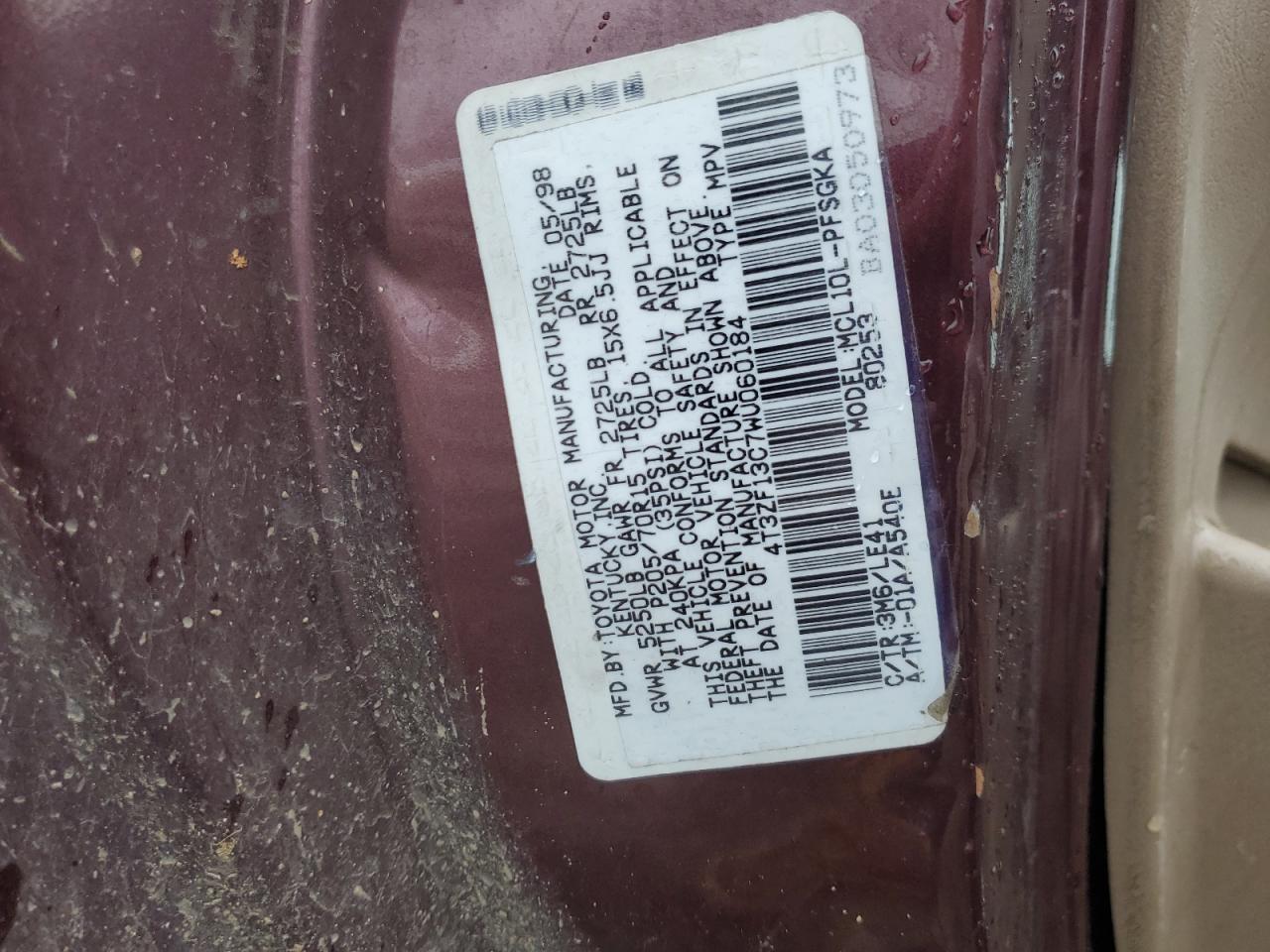 4t3zf13c7wu060184 4T3ZF13C7WU060184 1998 Toyota Sienna Le