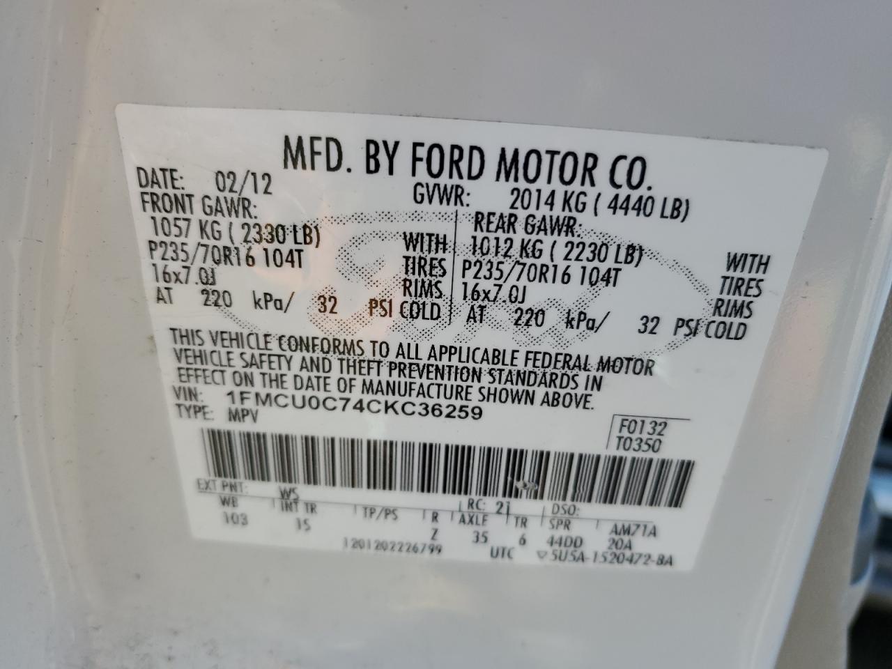 1FMCU0C74CKC36259 2012 Ford Escape Xls