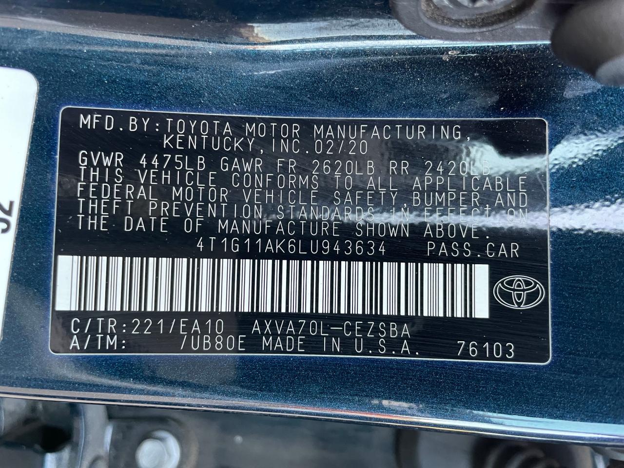 VIN: 4T1G11AK6LU943634 2020 TOYOTA CAMRY