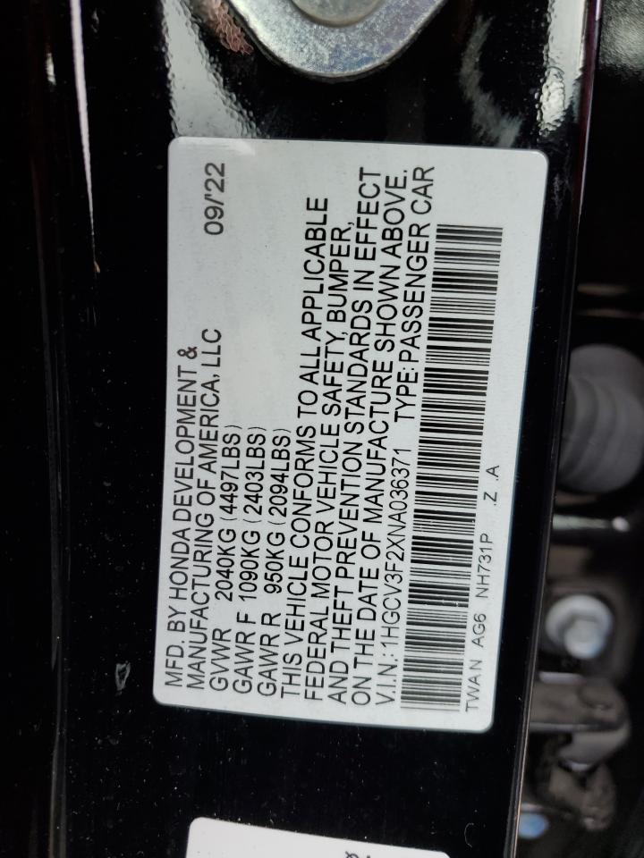 1HGCV3F2XNA036371 2022 Honda Accord Hybrid Sport