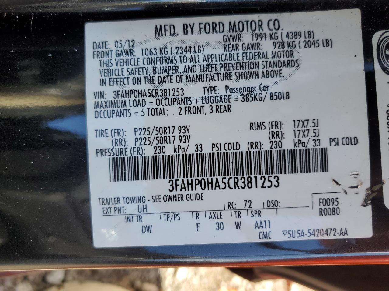 3FAHP0HA5CR381253 2012 Ford Fusion Se