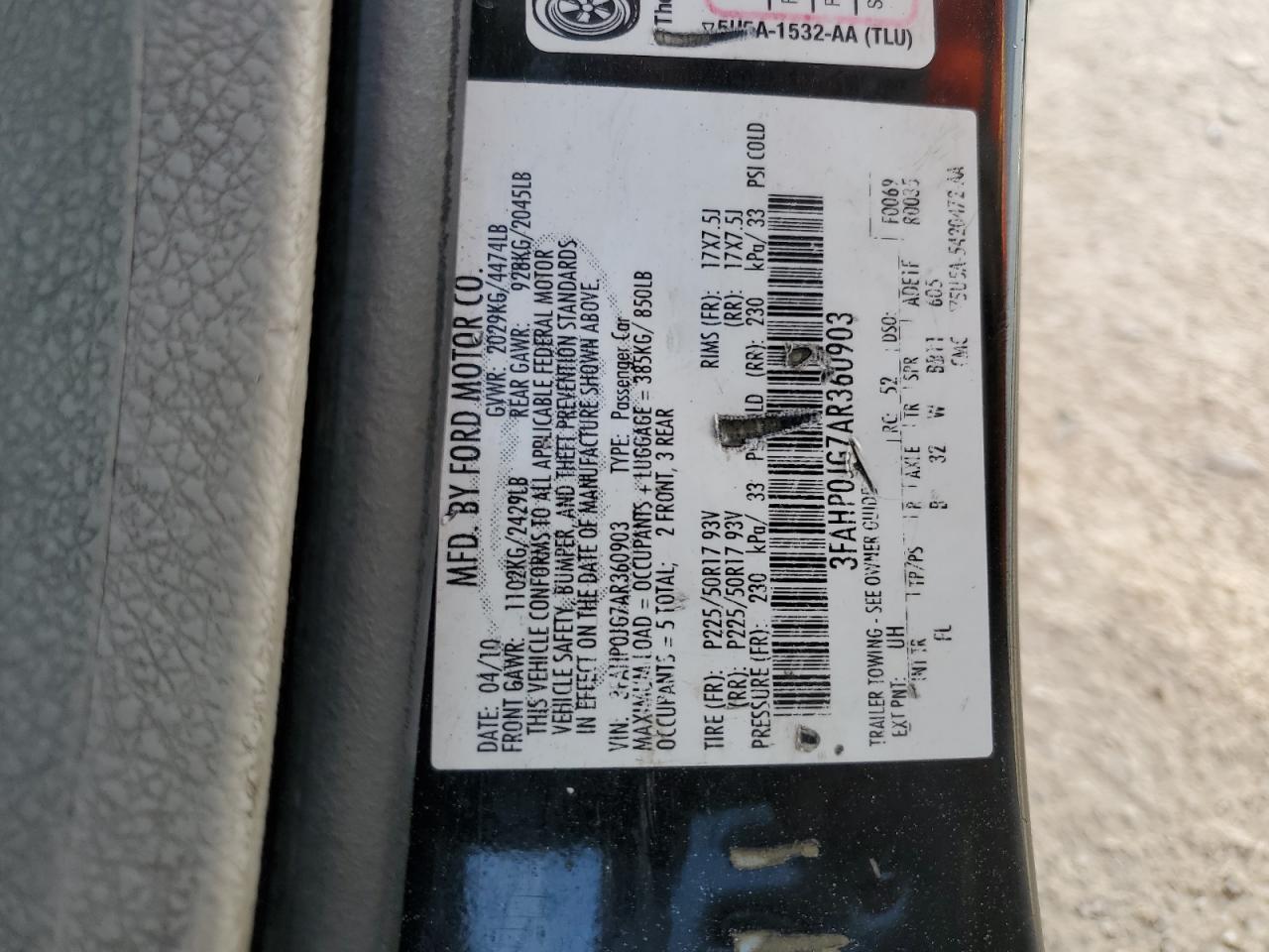 3FAHP0JG7AR360903 2010 Ford Fusion Sel