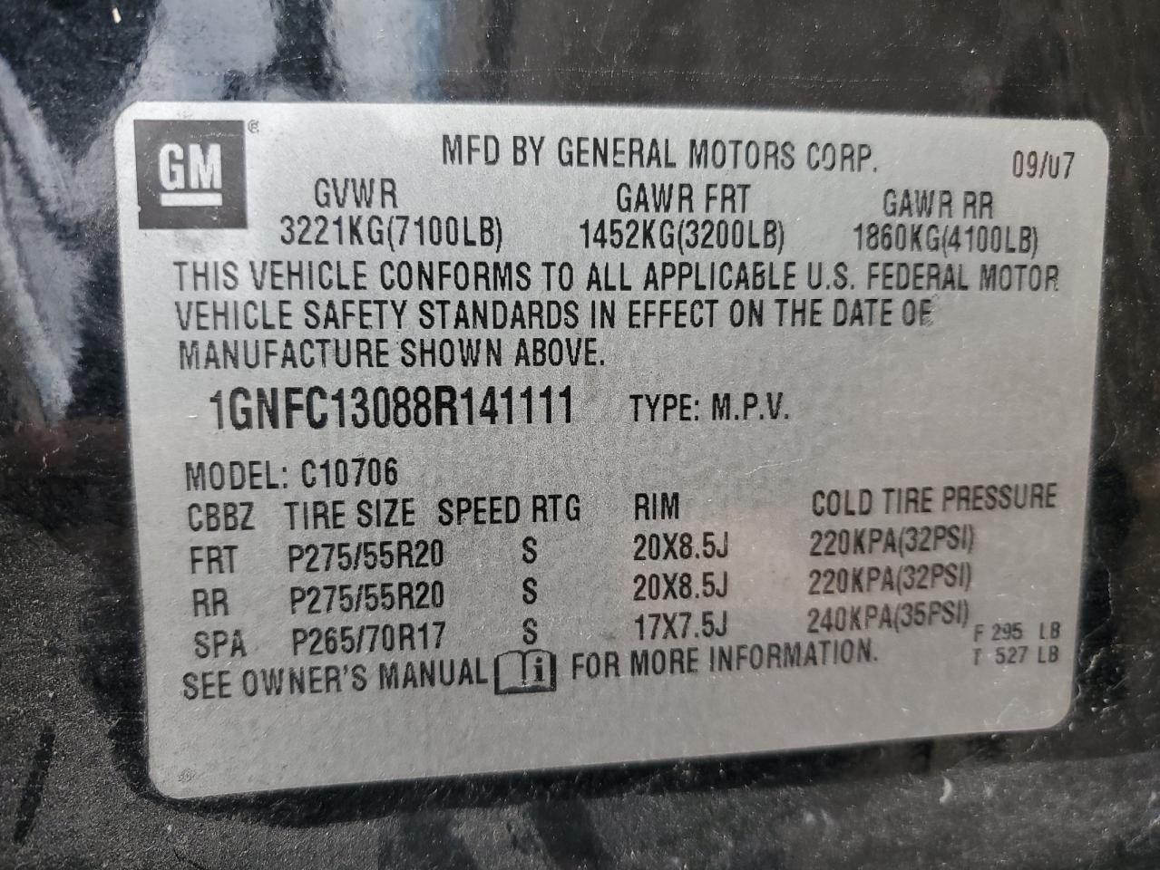 1GNFC13088R141111 2008 Chevrolet Tahoe C1500