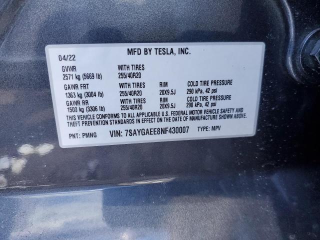 2022 TESLA MODEL Y 7SAYGAEE8NF430007