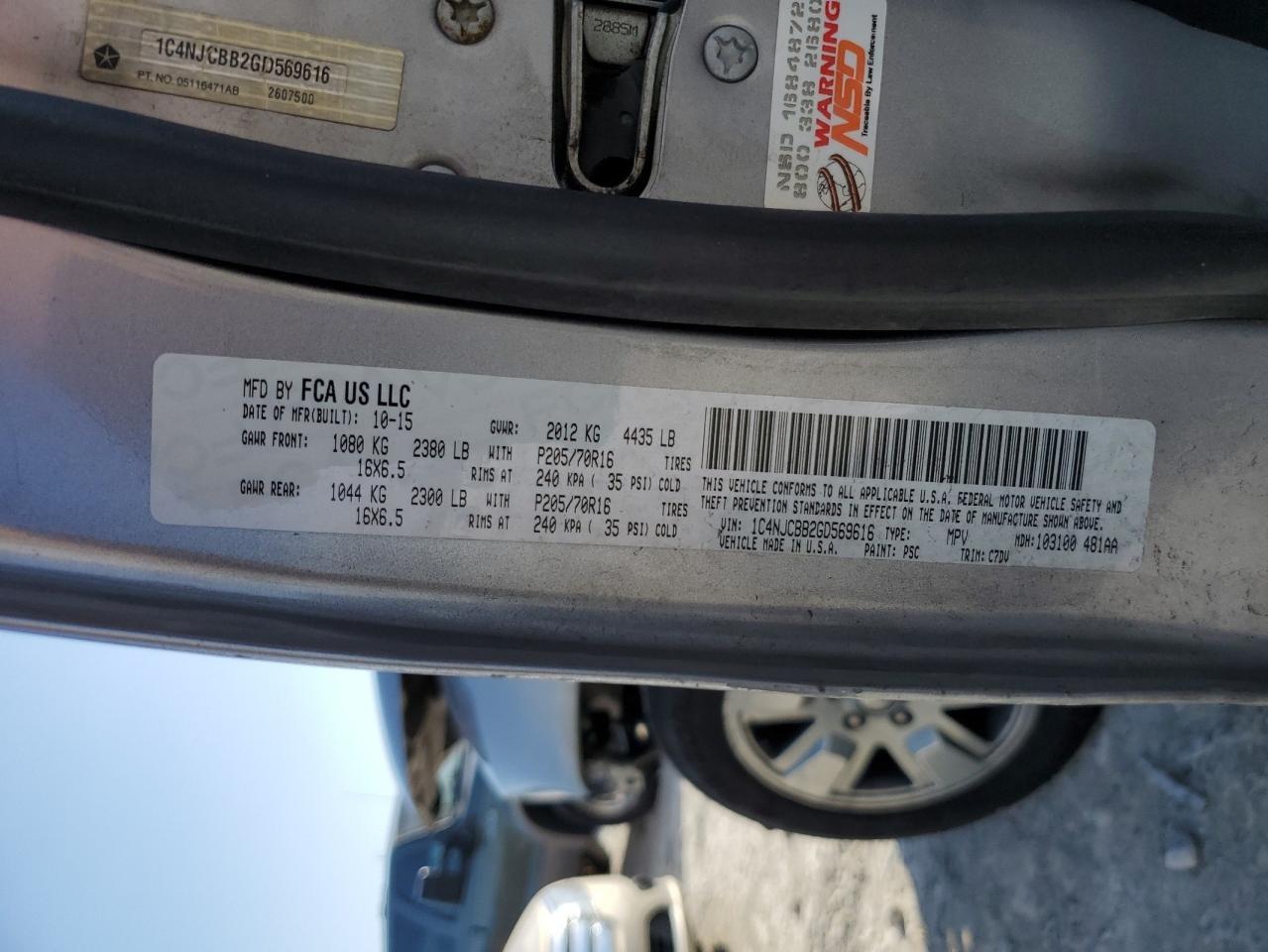 1C4NJCBB2GD569616 2016 Jeep Compass Sport