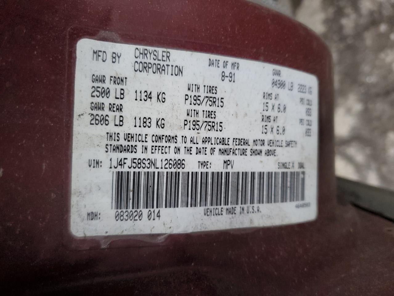 1J4FJ58S3NL126086 1992 Jeep Cherokee Laredo