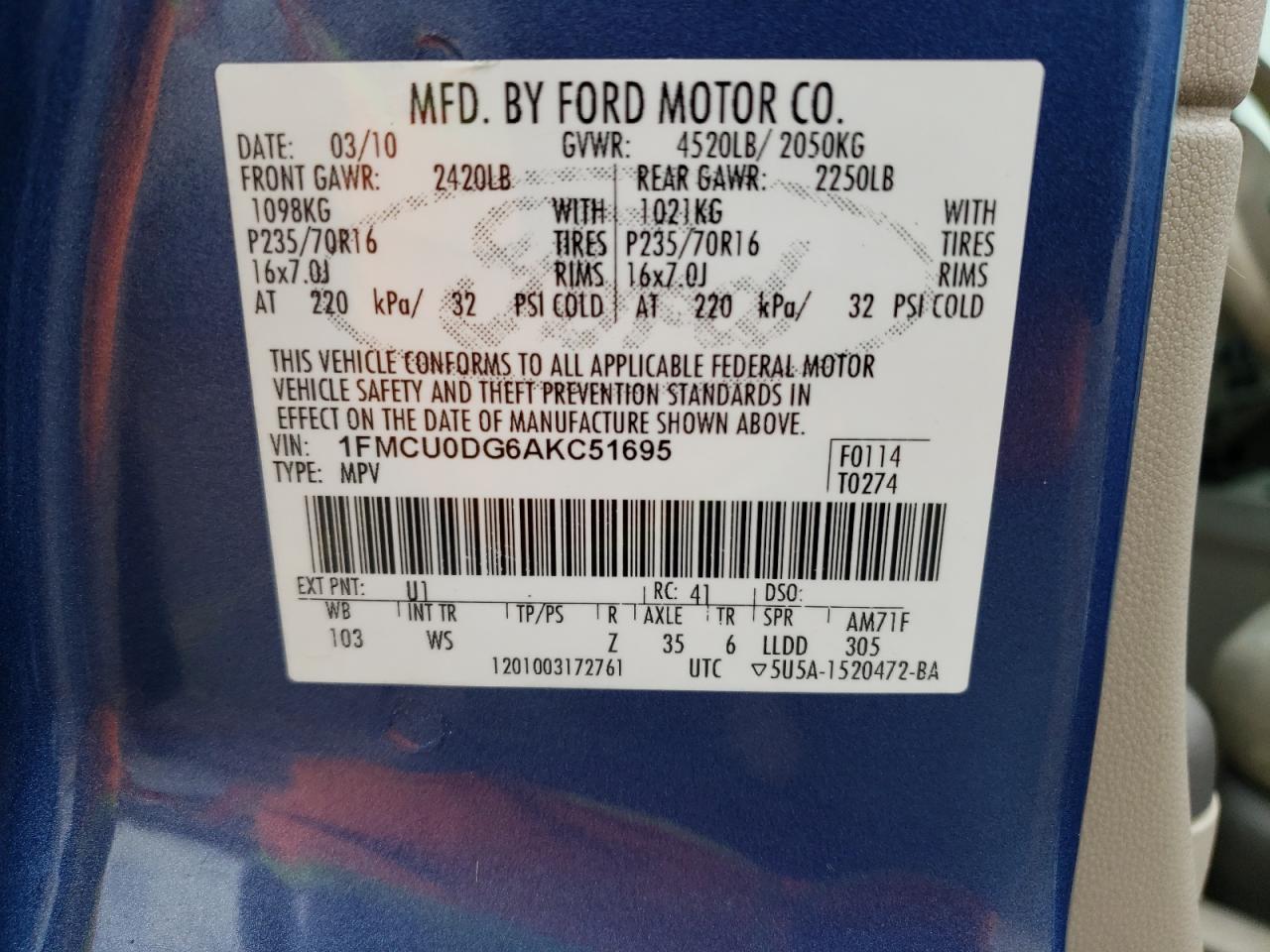 1FMCU0DG6AKC51695 2010 Ford Escape Xlt