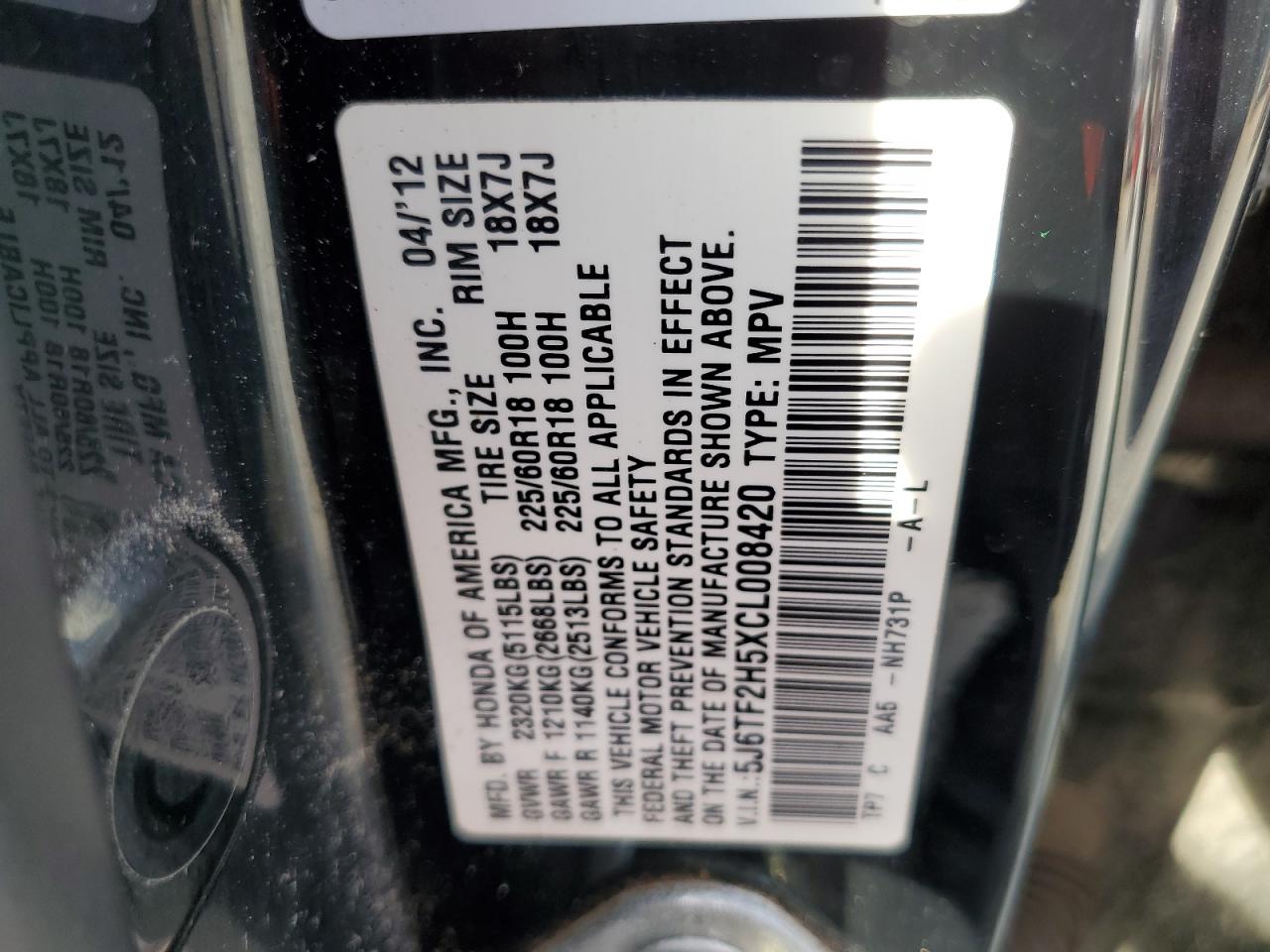 5J6TF2H5XCL008420 2012 Honda Crosstour Exl