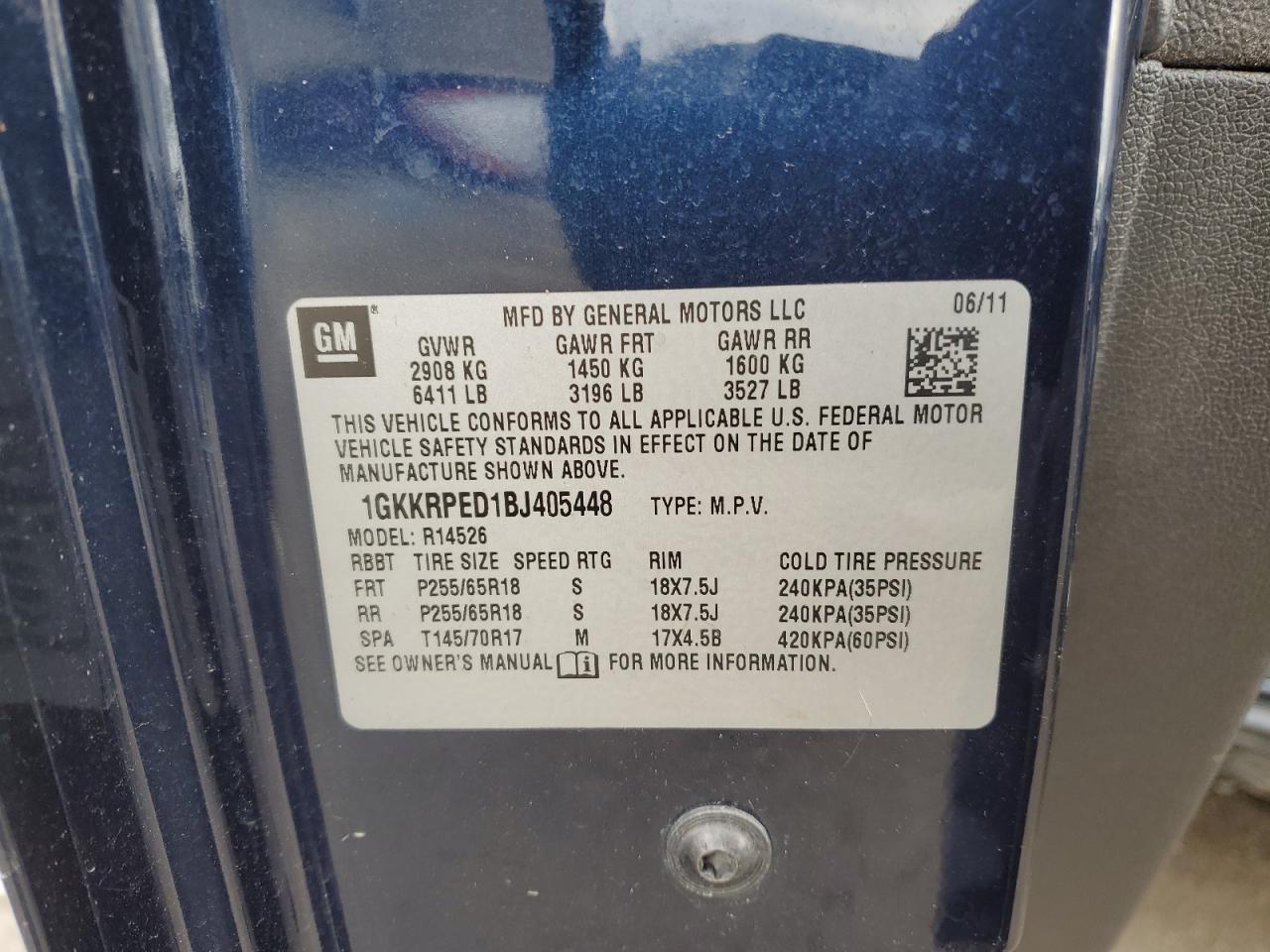 1GKKRPED1BJ405448 2011 GMC Acadia Sle