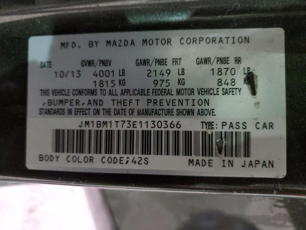 JM1BM1T73E1130366 2014 Mazda 3 Sv