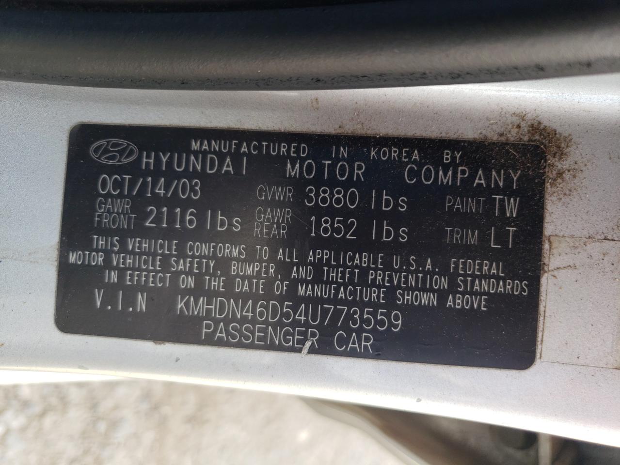 KMHDN46D54U773559 2004 Hyundai Elantra Gls