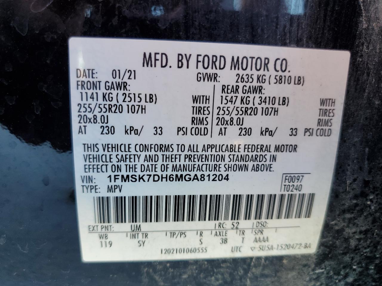 VIN: 1FMSK7DH6MGA81204 2021 FORD EXPLORER
