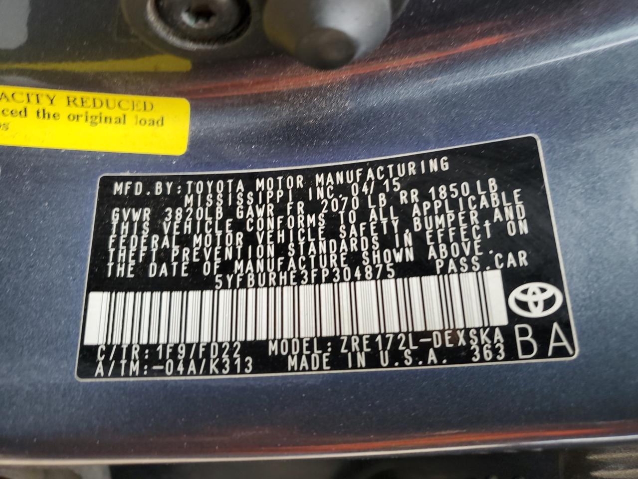 5YFBURHE3FP304875 2015 Toyota Corolla L