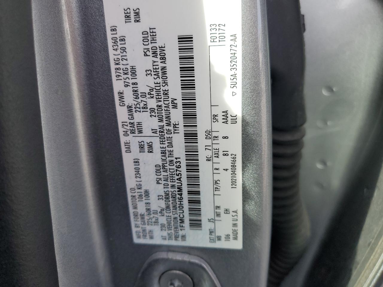 VIN: 1FMCU0H64MUA57631 2021 FORD ESCAPE