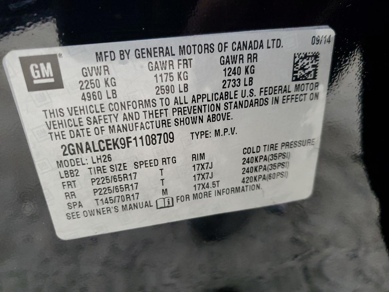 2GNALCEK9F1108709 2015 Chevrolet Equinox Lt