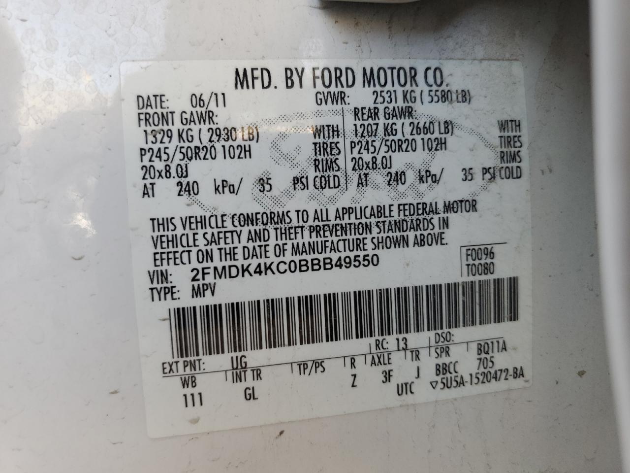 2FMDK4KC0BBB49550 2011 Ford Edge Limited