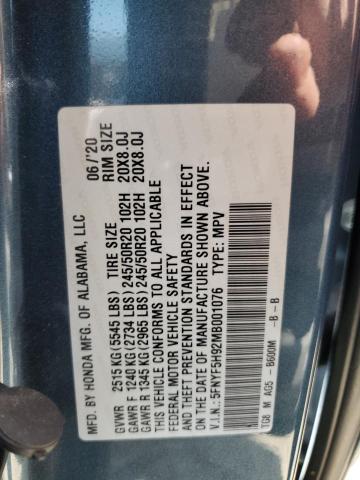 2021 HONDA PILOT TOUR 5FNYF5H92MB001076