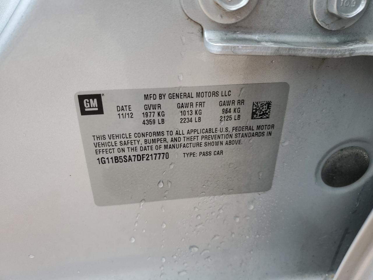 1G11B5SA7DF217770 2013 Chevrolet Malibu Ls