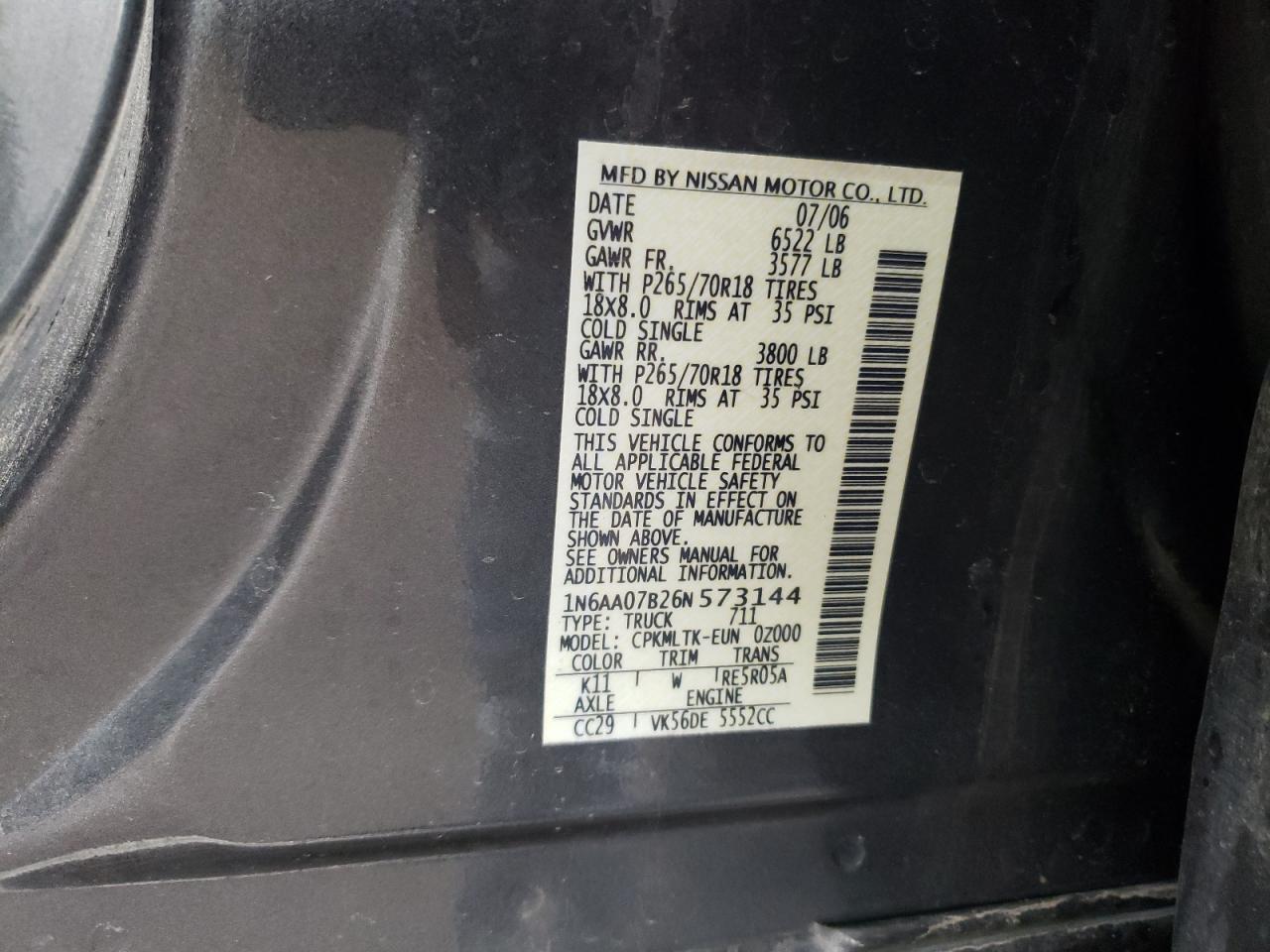 1N6AA07B26N573144 2006 Nissan Titan Xe