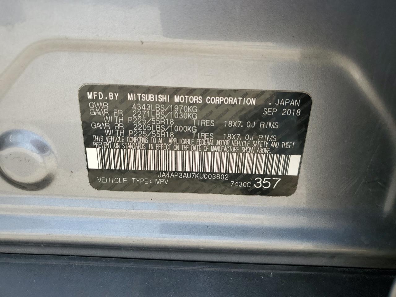 ja4ap3au7ku003602 JA4AP3AU7KU003602 2019 Mitsubishi Outlander Sport Es