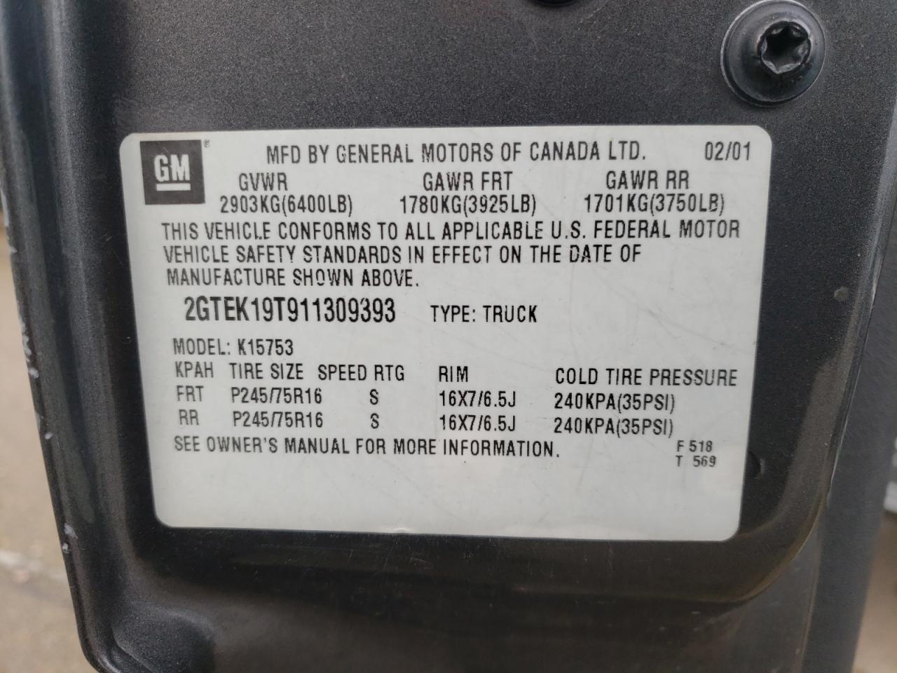 2GTEK19T911309393 2001 GMC New Sierra K1500