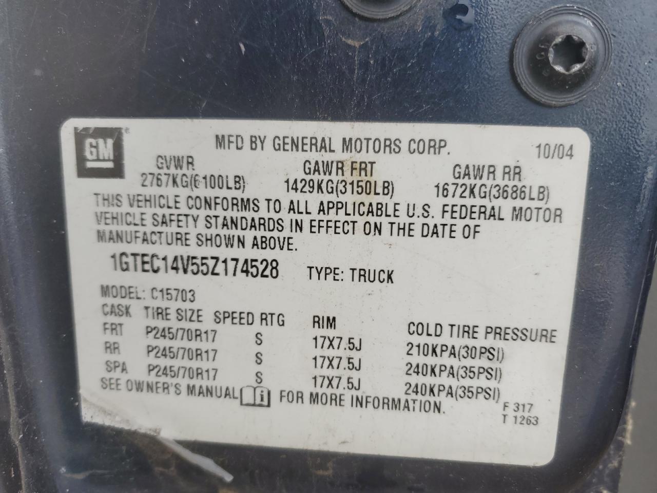 1GTEC14V55Z174528 2005 GMC New Sierra C1500