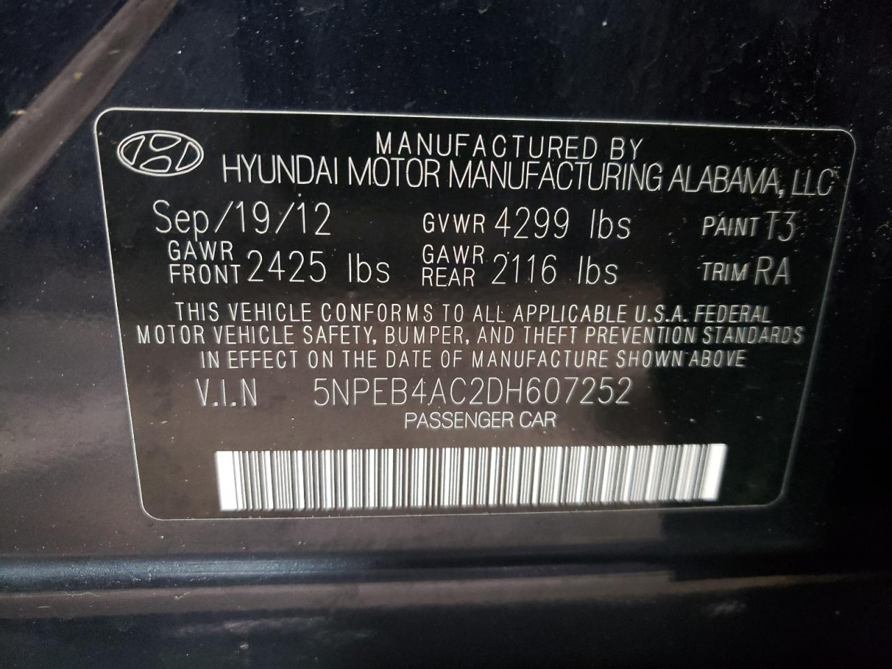 5NPEB4AC2DH607252 2013 Hyundai Sonata Gls