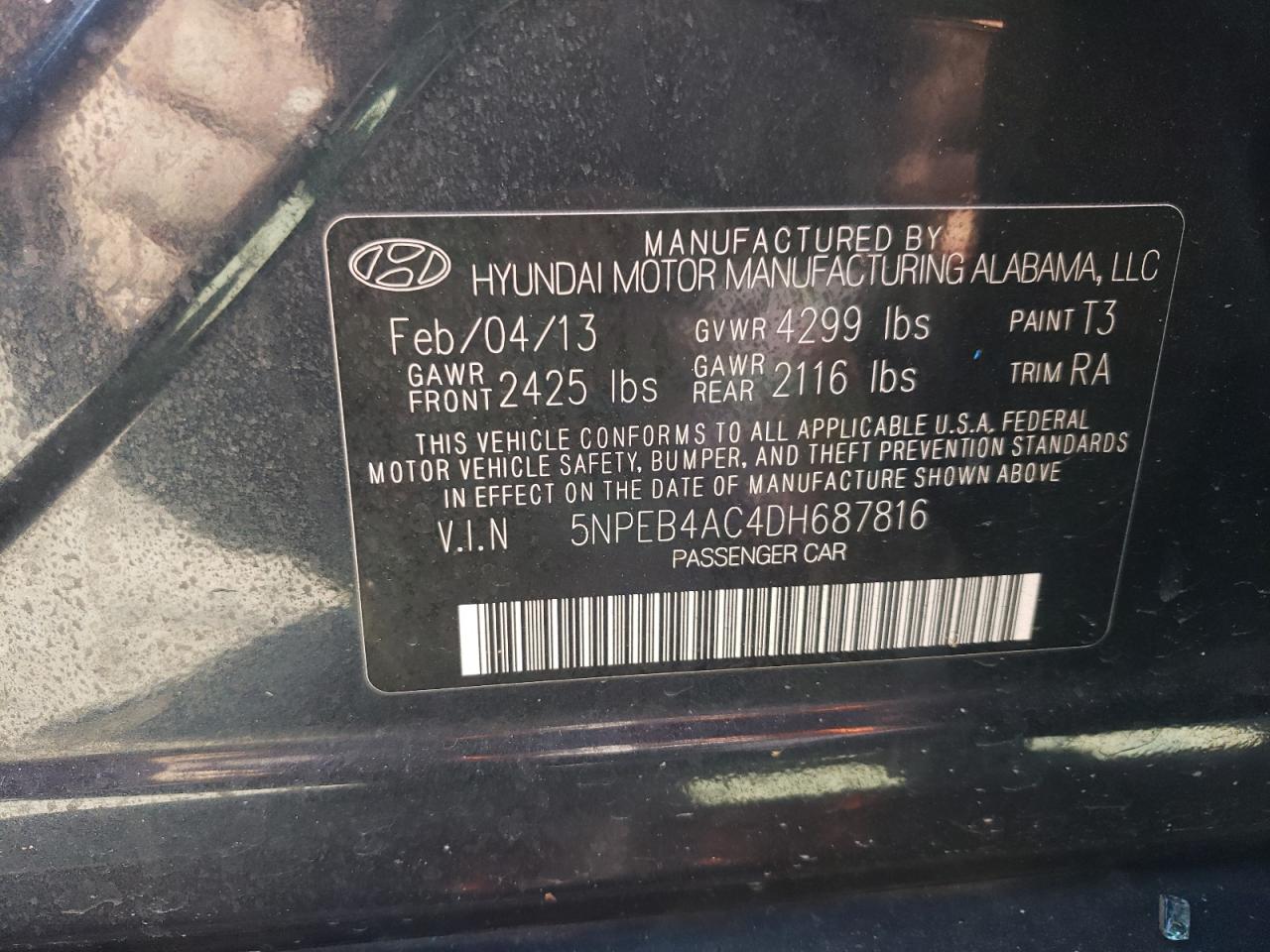 5NPEB4AC4DH687816 2013 Hyundai Sonata Gls