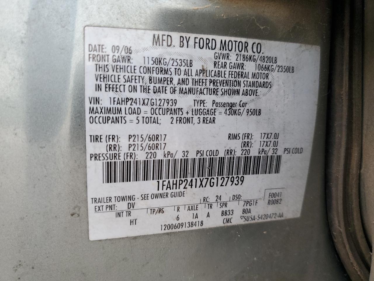 1FAHP241X7G127939 2007 Ford Five Hundred Sel