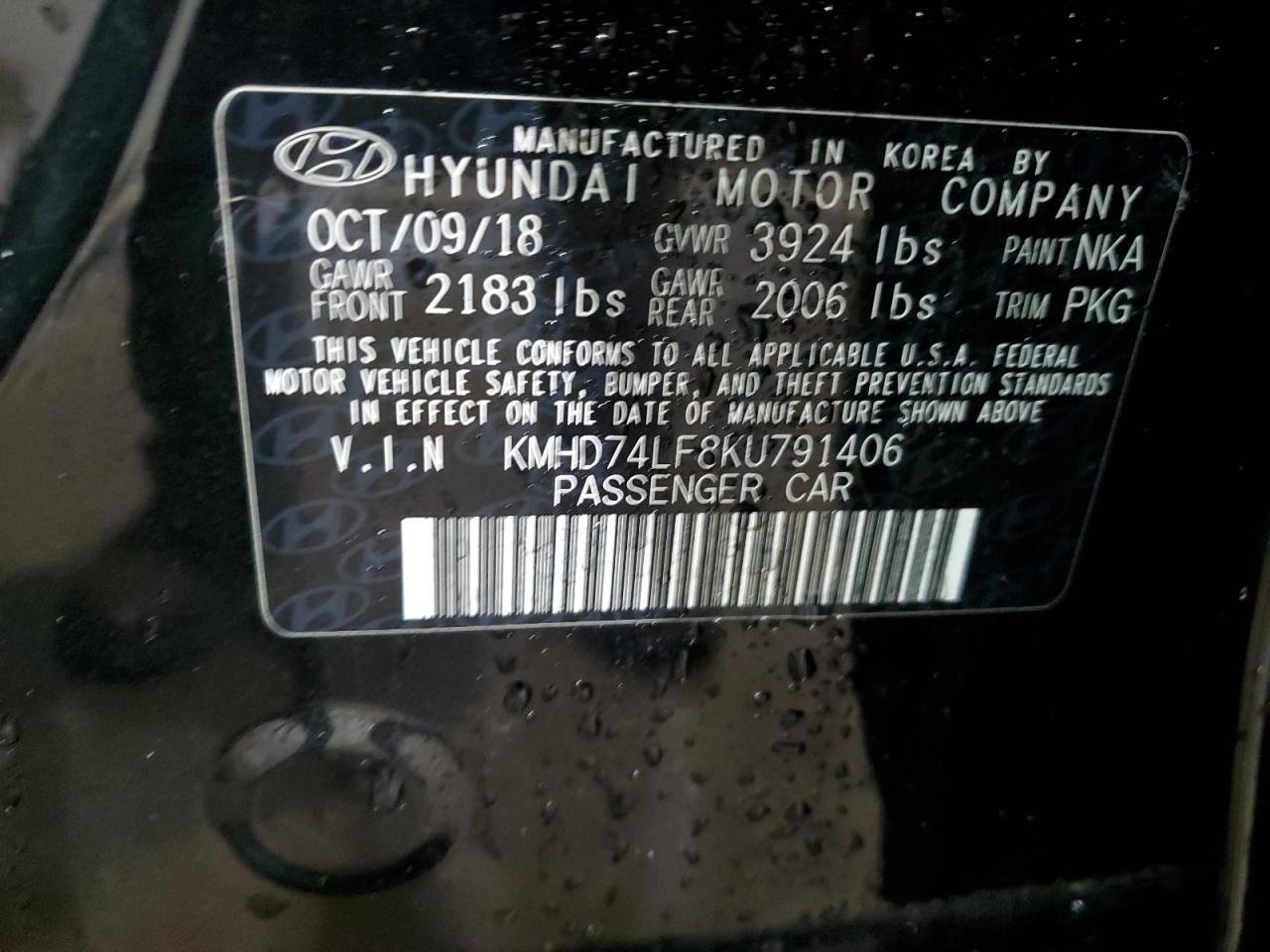 KMHD74LF8KU791406 2019 Hyundai Elantra Se