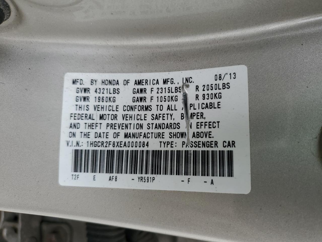 1HGCR2F8XEA000084 2014 Honda Accord Exl