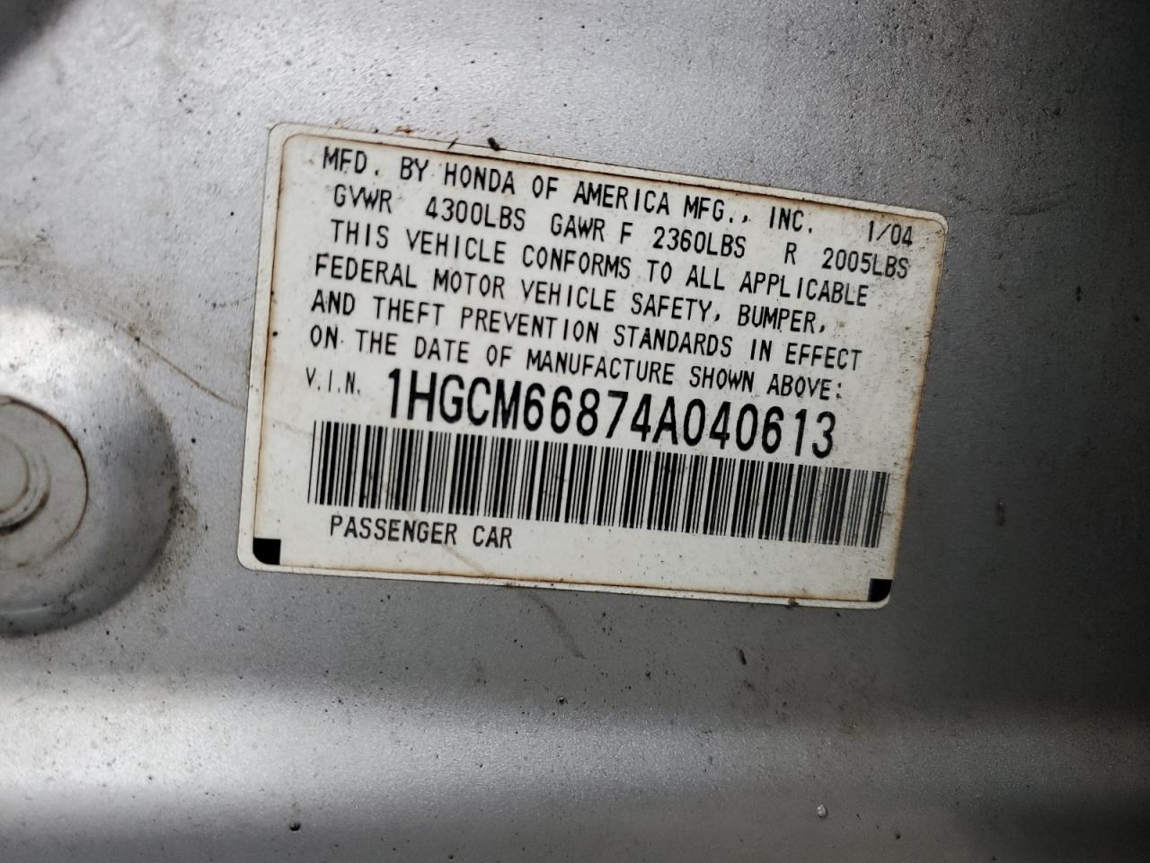 1HGCM66874A040613 2004 Honda Accord Ex